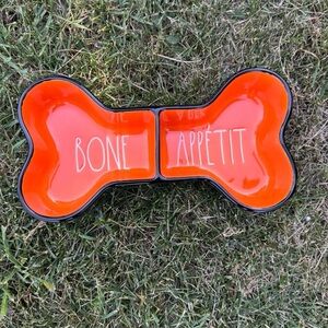 Rae Dunn BONE APPÉTIT Ceramic Orange and Black Glazed Bone-Shaped Dog Bowl